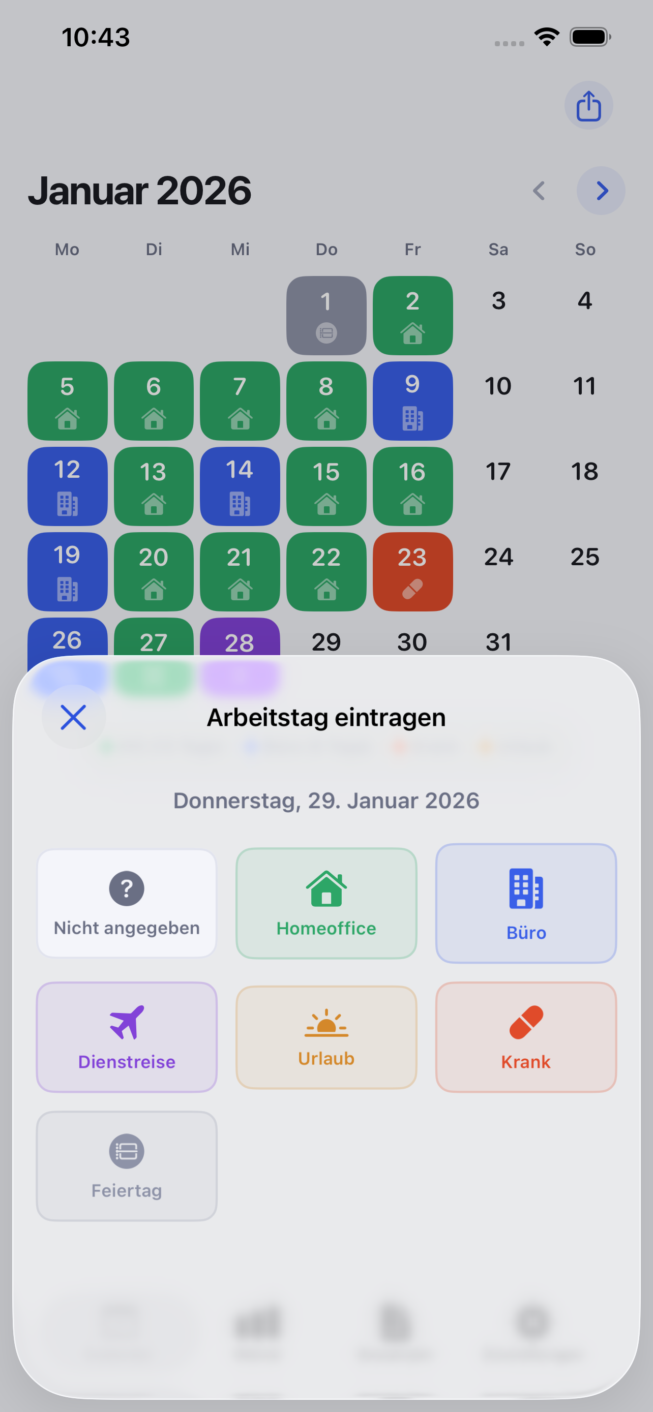 Office Check App – Arbeitstag eintragen