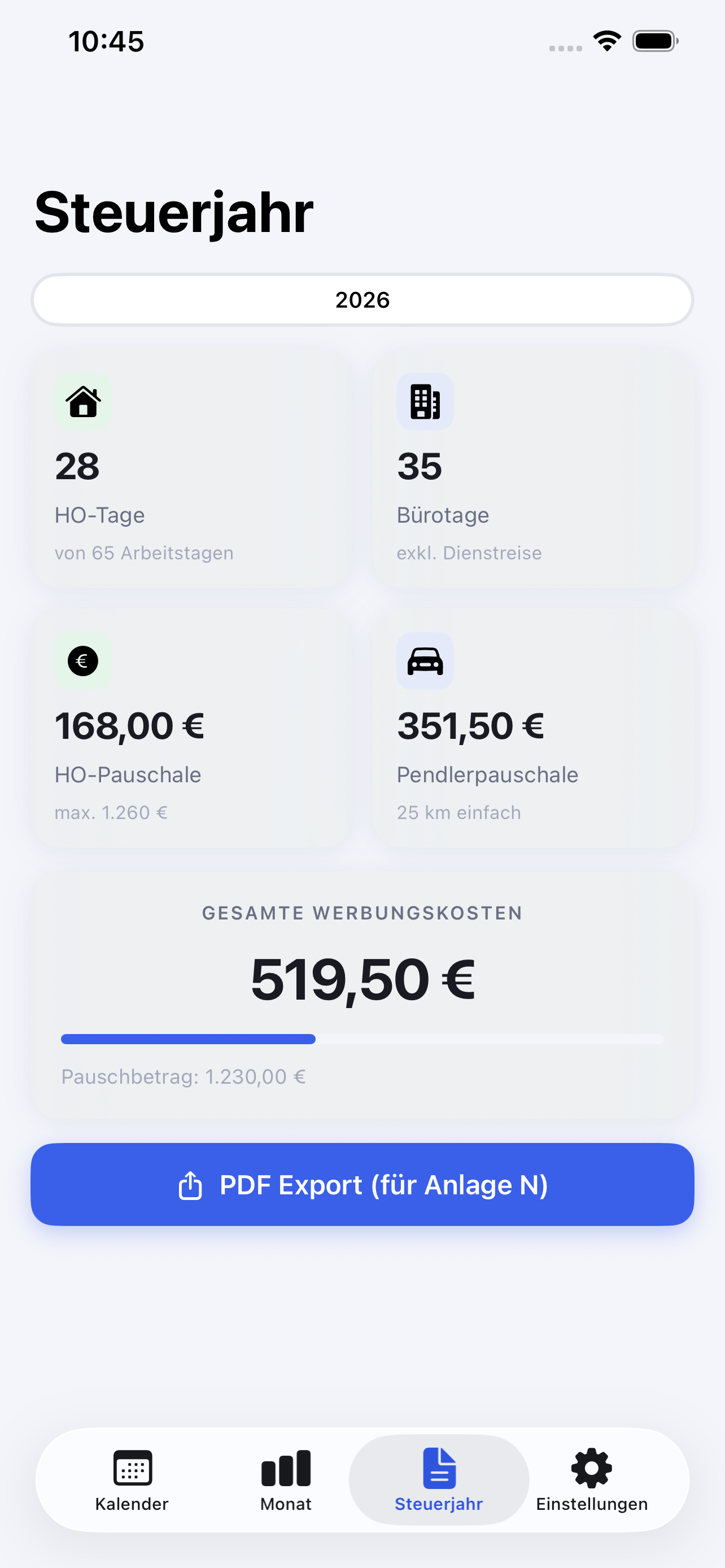 Office Check App – Steuerjahr-Übersicht